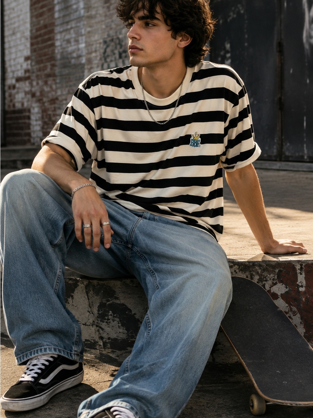 HUF XL Black Cream Striped T-Shirt Embroidered Logo Skate Streetwear Grunge